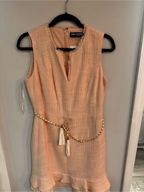 Karl Lagerfeld Peach Tweed Sleeveless Dress with Tassel Chain